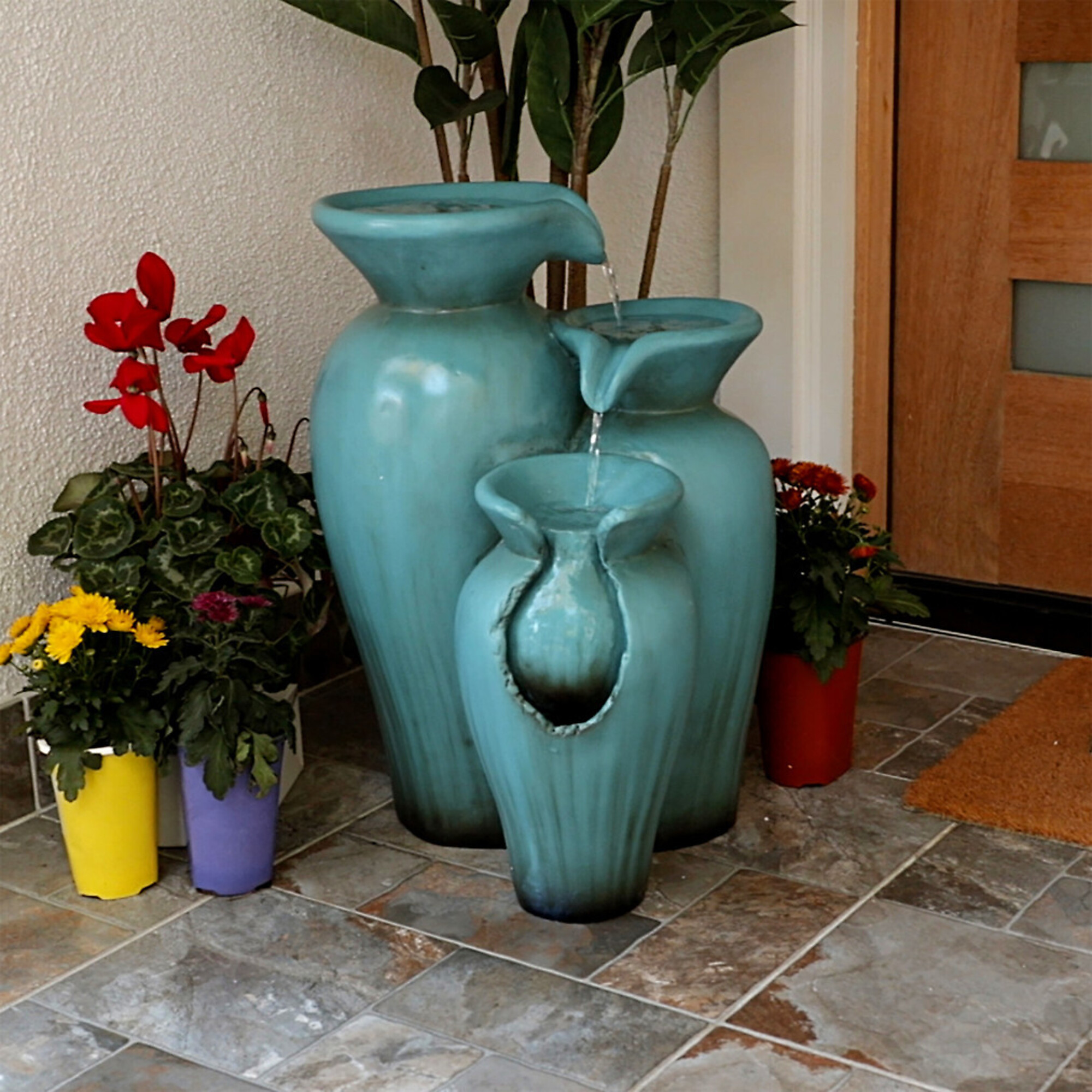 Alpine Corporation, 3-Tier Rustic Turquoise Ceramic-Look Jars Fountain, Volts 120, Power Cord Length 6 ft, Model# DIG246TUR